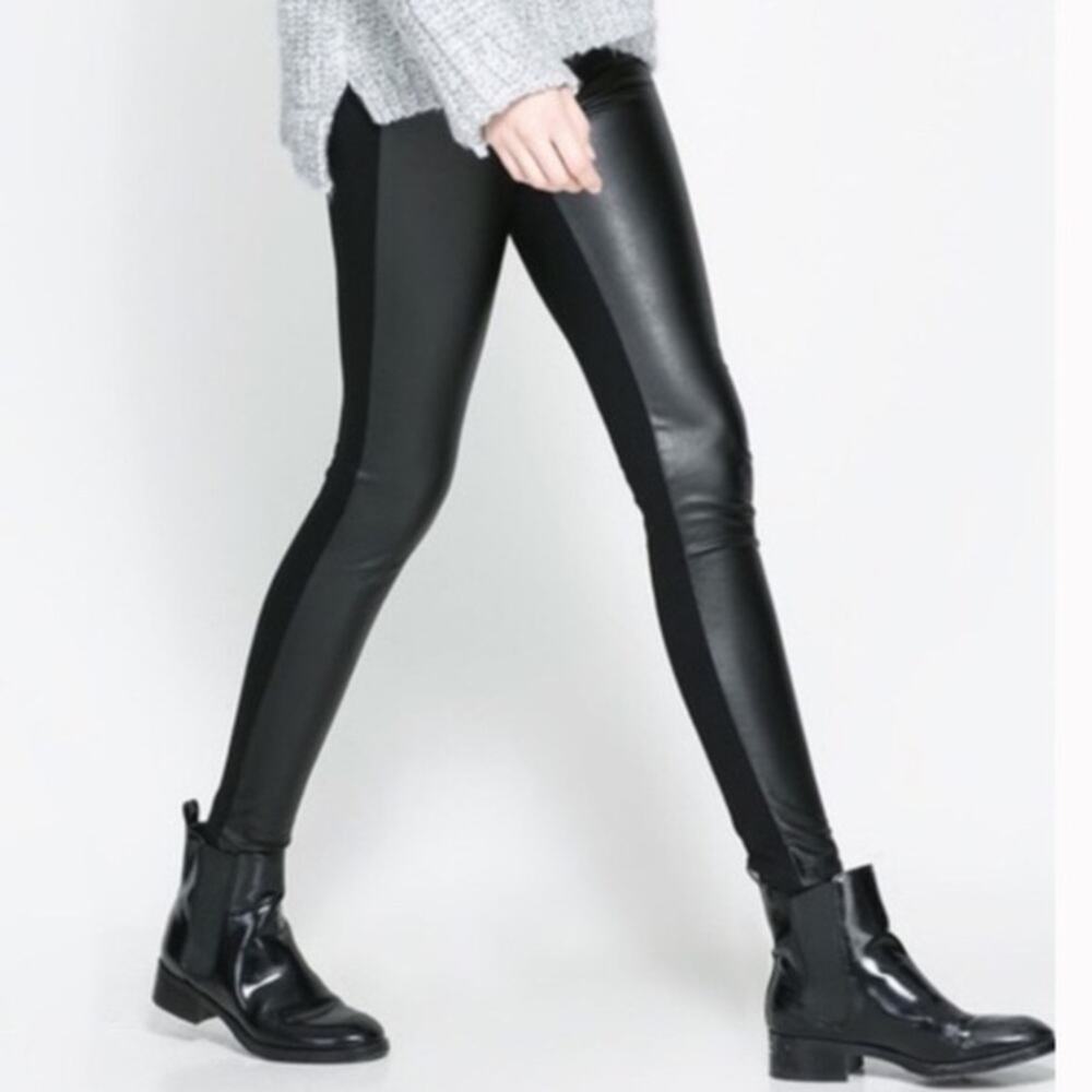 Zara black faux leather skinny pants size small cotton back